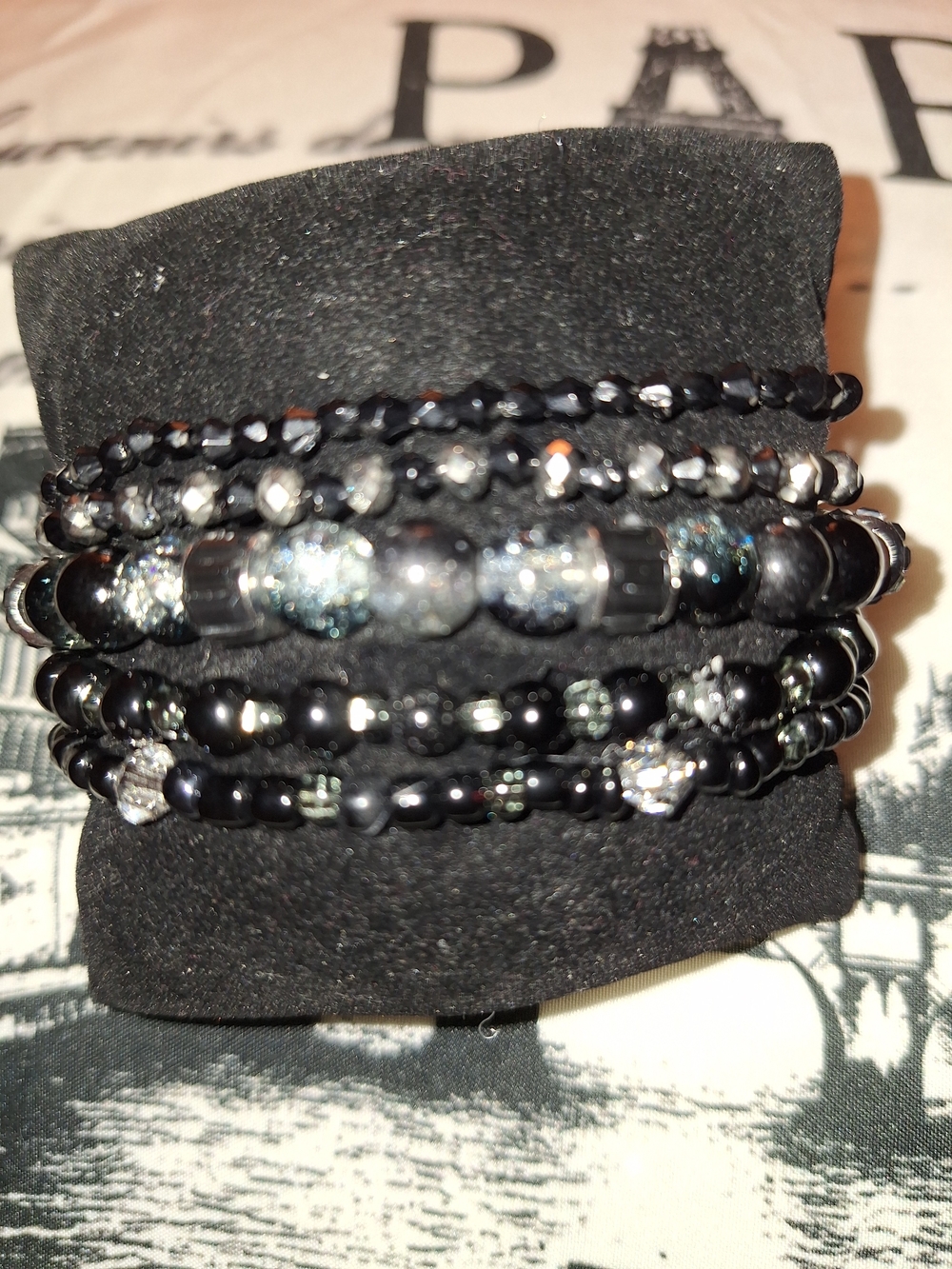 Handmade Black & Silver Beaded Bracelet Stack Of 5 New